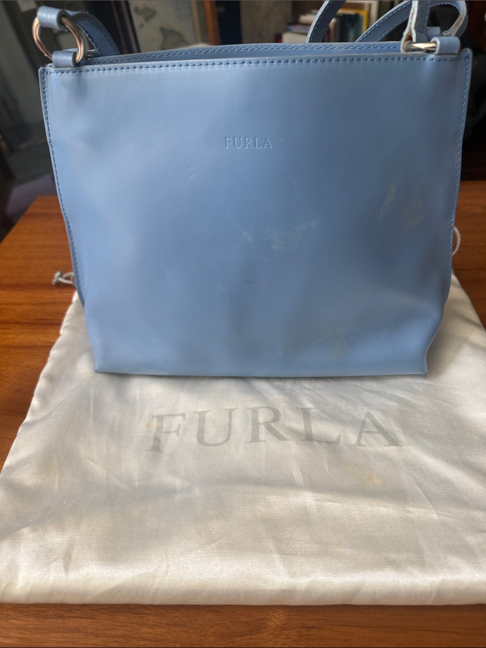 Furla Powder Blue Leather Shoulder Bag  12w x 8h